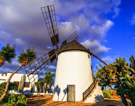 Eine weiße Windmühle in einer Landschaft.