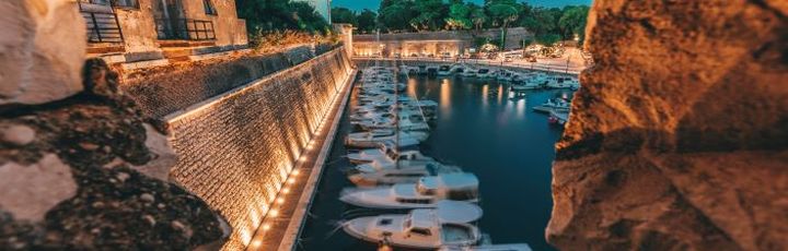 Ein Hafen mit Booten und Gebäuden am Wasser.