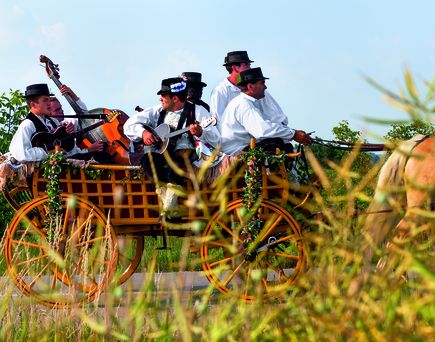 Eine Pferdekutsche mit Personen in traditioneller Kleidung.