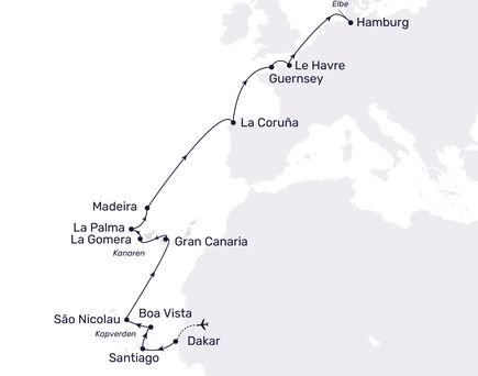 Landkarte der Route Dakar- Hamburg : Dakar/Senegal – Kapverden – Kanaren –  Madeira – Kanalinseln – Frankreich – Hamburg