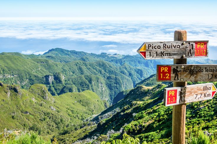 Eine grüne Berglandschaft mit einem Wanderweg und einem Wegweiser.
