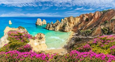 Bucht an der Algarve, Blick über bunte Vegetation auf das blaue Meer