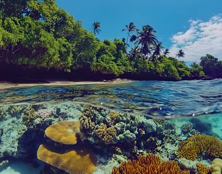 Unterwasserwelt mit Steinen und Muscheln, glasklares Wasser, Strand und blauer Himmel im Hintergrund