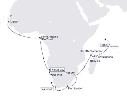 KArte der Route MS Hamburg Seychellen – Südafrika – Namibia – Dakar