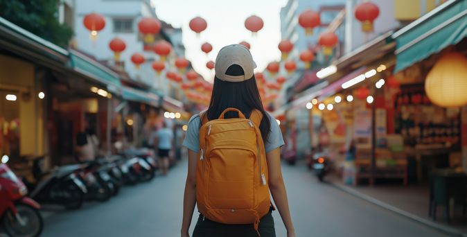 Junges Mädchen mit Rucksack erkundet fremde Kultur