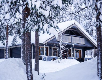 Außenansicht Hütte ist schneebedeckt im Wald