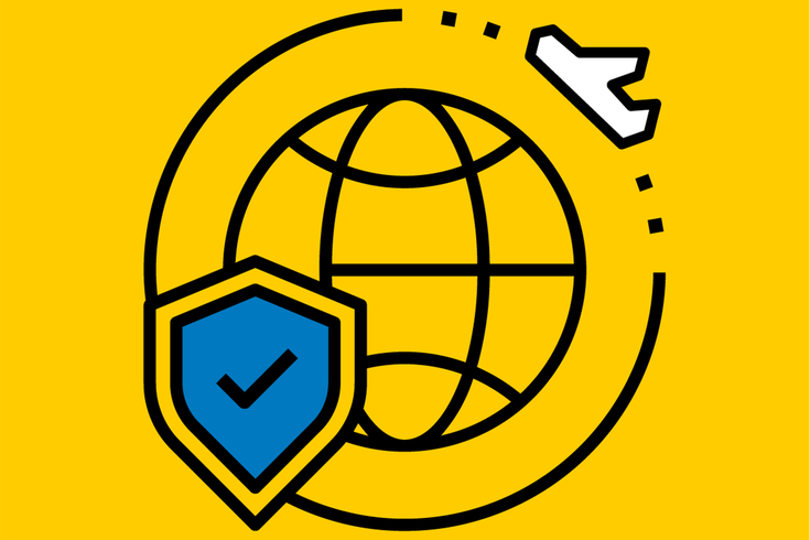 Ein gelbes Symbol, das einen Globus mit einem Schutzschild darstellt, daneben der Schriftzug "Travel Risk Management" in schwarzer Schrift.