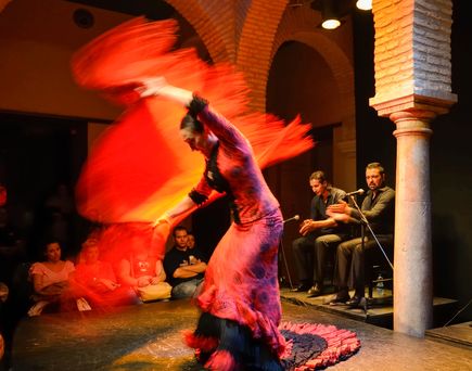 Tanzende Flamencotänzerin umgeben von Live-Musikern