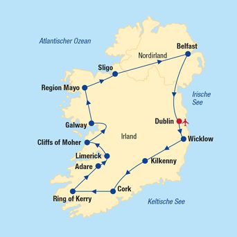 Eine Karte von Irland mit einer eingezeichneten Reiseroute, die verschiedene Städte und Sehenswürdigkeiten miteinander verbindet.