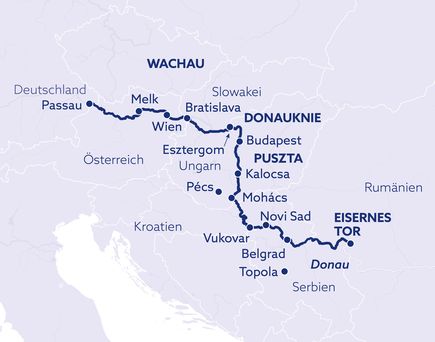 Routenkarte der Donau Flusskreuzfahrt
