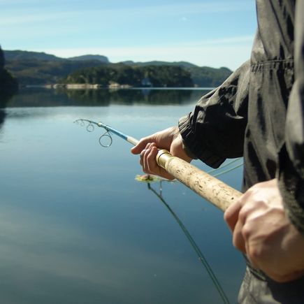 Eine Person angelt an einem See, umgeben von Hügeln.