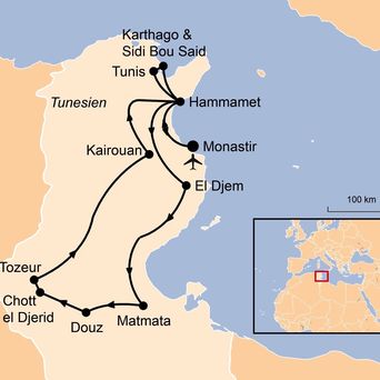 Karte illustriert eine bespielhafte Rundreise durch Tunesien. Sie startet in Monastir.