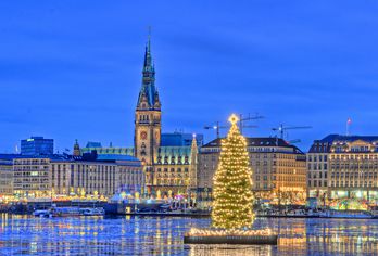 Beleuchteter Weihnachtsbaum auf der Alster mit Blick auf das imposante Hamburger Rathaus im festlichen Abendlicht.