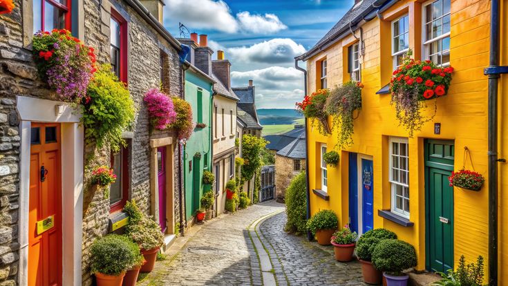 Eine Reihe von bunten Häusern in Kinsale, Irland.