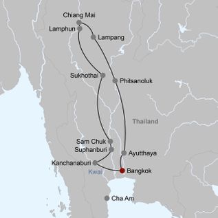 Eine Karte von Thailand mit eingezeichneten Reiserouten.