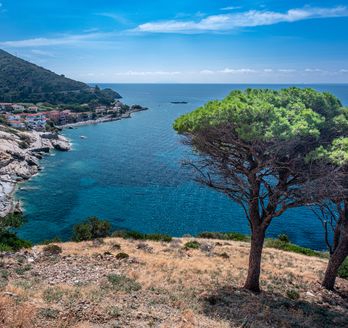 Blick auf die Küste von Pomonte aus einer Anhöhe aus.