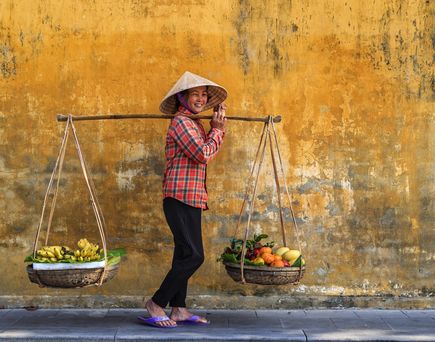 Frau in Vietnam, trägt korbe mit stange auf der Schulter