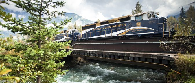 Zug fährt auf Brücke in einer grünen Landschaft
