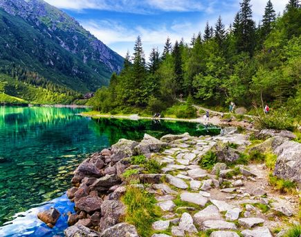 Ein türkisfarbener Bergsee in der polnischen Tatra, umgeben von grünen Wäldern und felsigen Bergen.