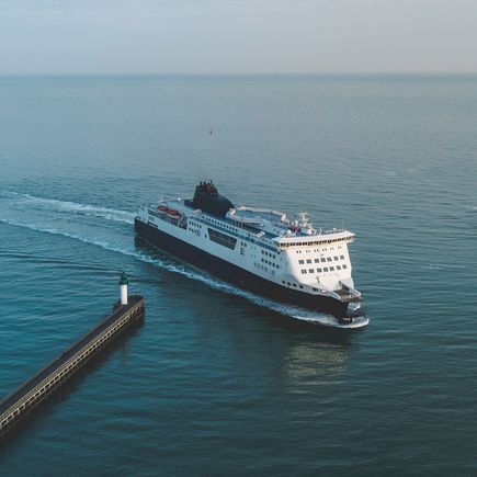 Ein großes Passagierschiff fährt auf ruhigem Wasser, mit einer Küstenlinie im Hintergrund. Die Szene ist aus einer seitlichen Perspektive aufgenommen.