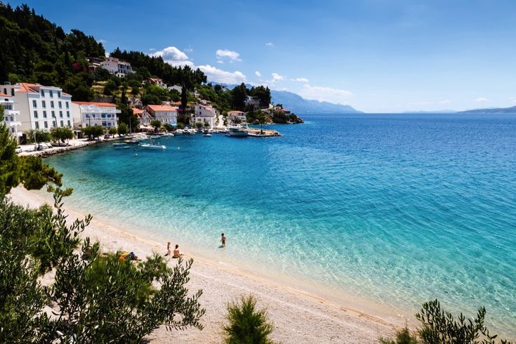 Ein Sandstrand mit türkisfarbenem Wasser, umgeben von grüner Vegetation.