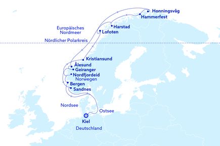 KArte Nordeuropa mit dem Schiff hoch zum Nordkap