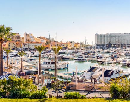 Blick auf einen kleinen Hafen in Faro. Boote und Palmen