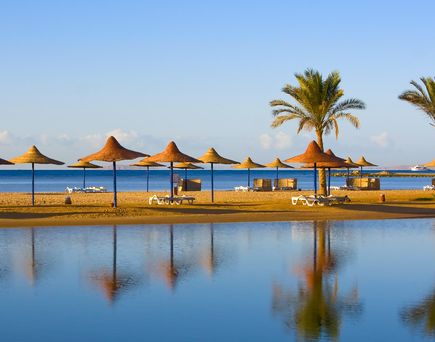 Ein Sandstrand mit Reihen von Strohsonnenschirmen und Liegestühlen, die sich an einem sonnigen Tag an einem Hotelresort in Hurghada, Ägypten, widerspiegeln.