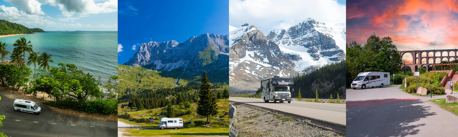 Kollage aus Camper Motiven in Neuseeland, Schweiz, Kanada, Deutschland 