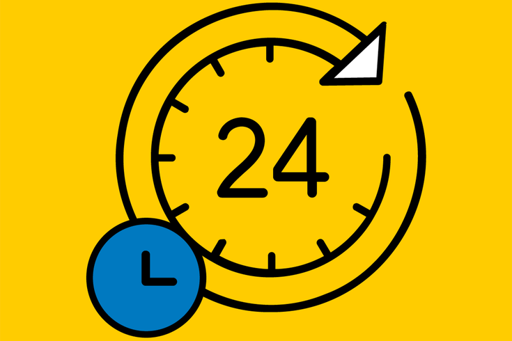Ein gelbes Symbol, das eine Uhr darstellt, deren Zeiger auf "24" zeigen, daneben der Schriftzug "24-Stunden-Service" in schwarzer Schrift.