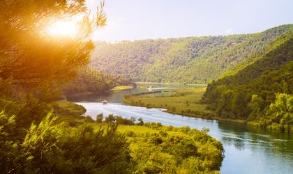 Ein Fluss, der sich durch eine grüne Landschaft schlängelt.