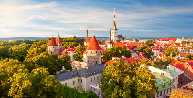 Blick über die farbenfrohe Stadt Tallinn. Umgeben von viel Grün, spitzen Dächern und blauem Himmel.