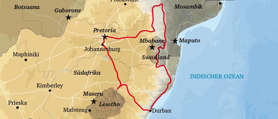 Landkarte von Südafrika mit einer markierten Reiseroute entlang der Küste und ins Landesinnere.