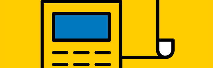 Ein gelbes Symbol, das einen Taschenrechner mit einem Blatt Papier und einem Stift darstellt, daneben der Schriftzug "Reisekostenabrechnung" in schwarzer Schrift.