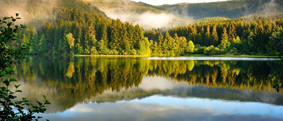Urlaub im deutschen Mittelgebirge Harz See vor Wald und Hügeln