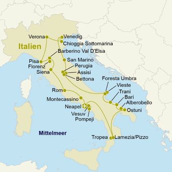 Eine Karte von Italien, die eine Reiseroute von Venedig nach Capri darstellt, mit Städten und Inseln, die durch Linien verbunden sind.