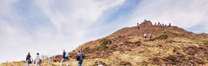Zwei Personen wandern auf einem Hügel.