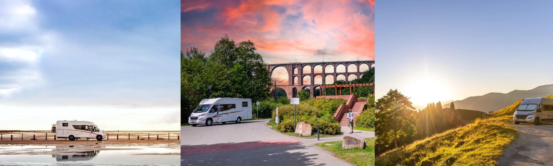 Kollage aus Camper Bilder in Deutschland: 1. Bild Camper an der Nordsee.2. Bild Camper in Sachsen an einer Brücke. 3 Bild Camper an einer Straße in den Bergen
