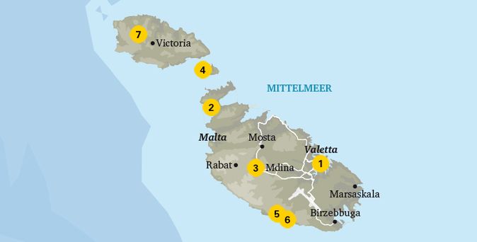 Eine Karte von Malta mit eingezeichneten Sehenswürdigkeiten.