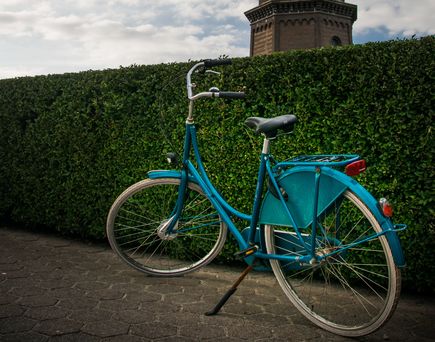 Blaues Fahrrad vor einer Hecke und dahinter ein Leuchtturm. 