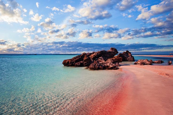 Ein rosa Sandstrand mit türkisfarbenem Wasser.