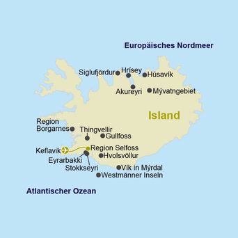 Eine Karte von Island mit einigen Städtenamen und einer eingezeichneten Reiseroute, die verschiedene Orte auf der Insel verbindet.