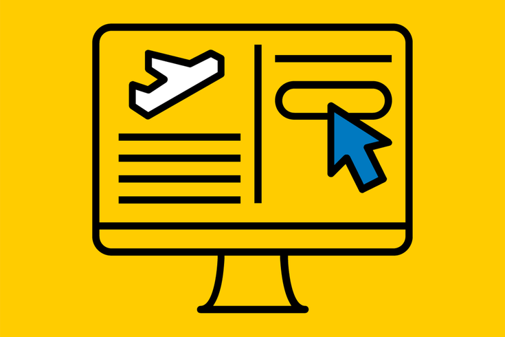 Ein gelbes Symbol, das ein aufgeschlagenes Buch mit einem Flugzeug darauf darstellt, daneben der Schriftzug "Online Booking Engines (OBE)" in schwarzer Schrift.