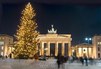 Leuchtender Weihnachtsbaum vor dem eindrucksvoll illuminierten Brandenburger Tor in Berlin bei winterlicher Nachtstimmung.