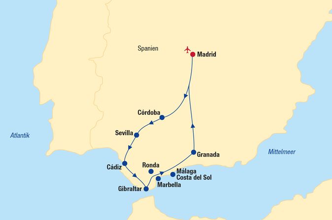 Eine Karte, die eine Reise von Sevilla nach Lissabon darstellt, mit den Ländern Spanien und Portugal und einer eingezeichneten Route.