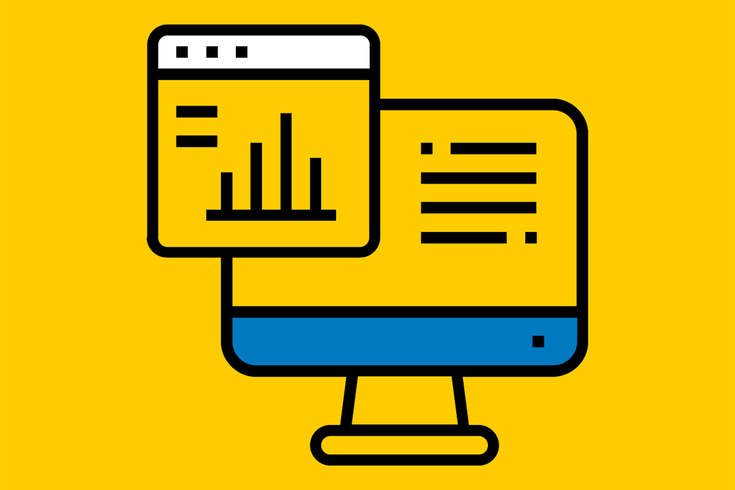 Ein gelbes Symbol, das ein Diagramm mit einer Lupe darstellt, daneben der Schriftzug "Reporting" in schwarzer Schrift.