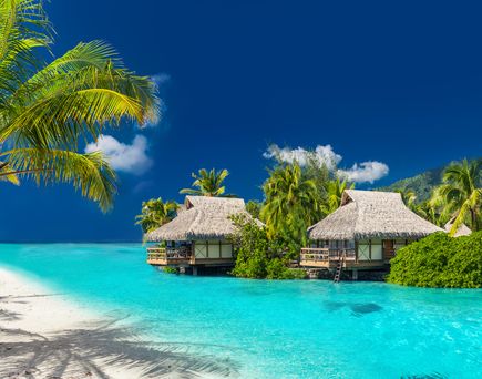 Insel Bora Bora mit Palmen und einem wunderschönen, weißen Sandstrand und Wohnhütten im türkisblauen Meer. 