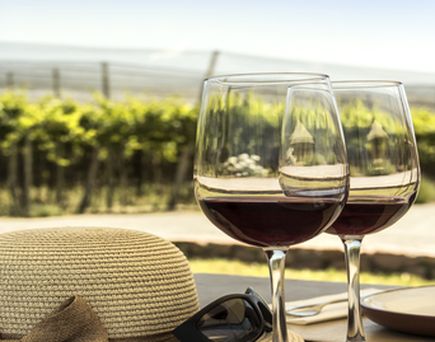 Ein Glas Rotwein auf einem Tisch in einem Weinberg.