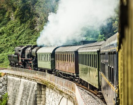 Ein historischer Zug fährt über ein Viadukt in einer grünen Landschaft.