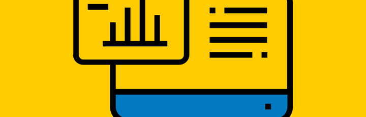 Ein gelbes Symbol, das ein Diagramm mit einer Lupe darstellt, daneben der Schriftzug "Reporting" in schwarzer Schrift.